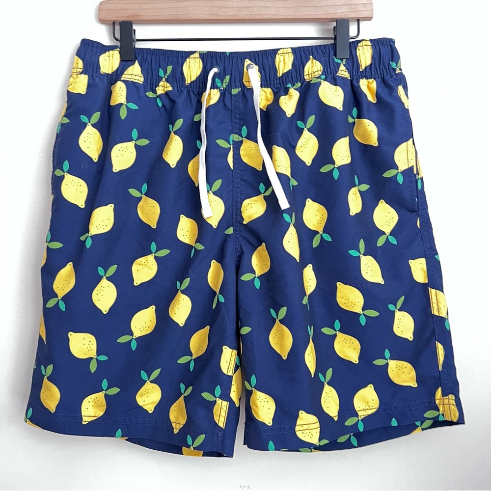 Hanna Andersson men Lemon Print Swim Shorts Blue Yellow L